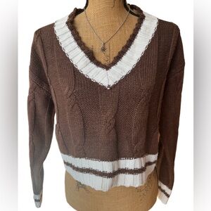 Streetwear Society Relaxed Fit Cropped Sweater V Neck Brown Cream Size Medium